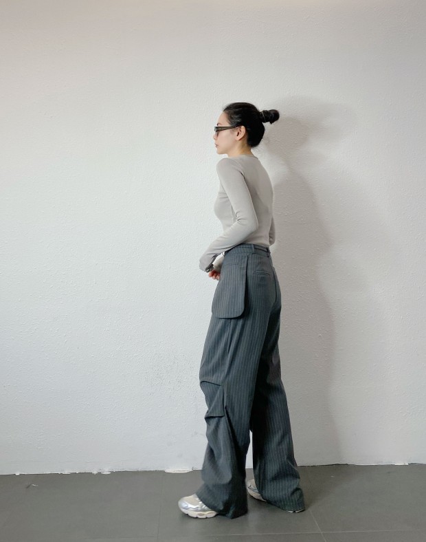 Grey Stripe Slack with Patched Pocket #250304